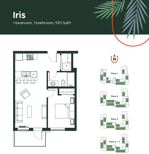 Floor plan for 1 bed, 1 bath, 593 sqft
